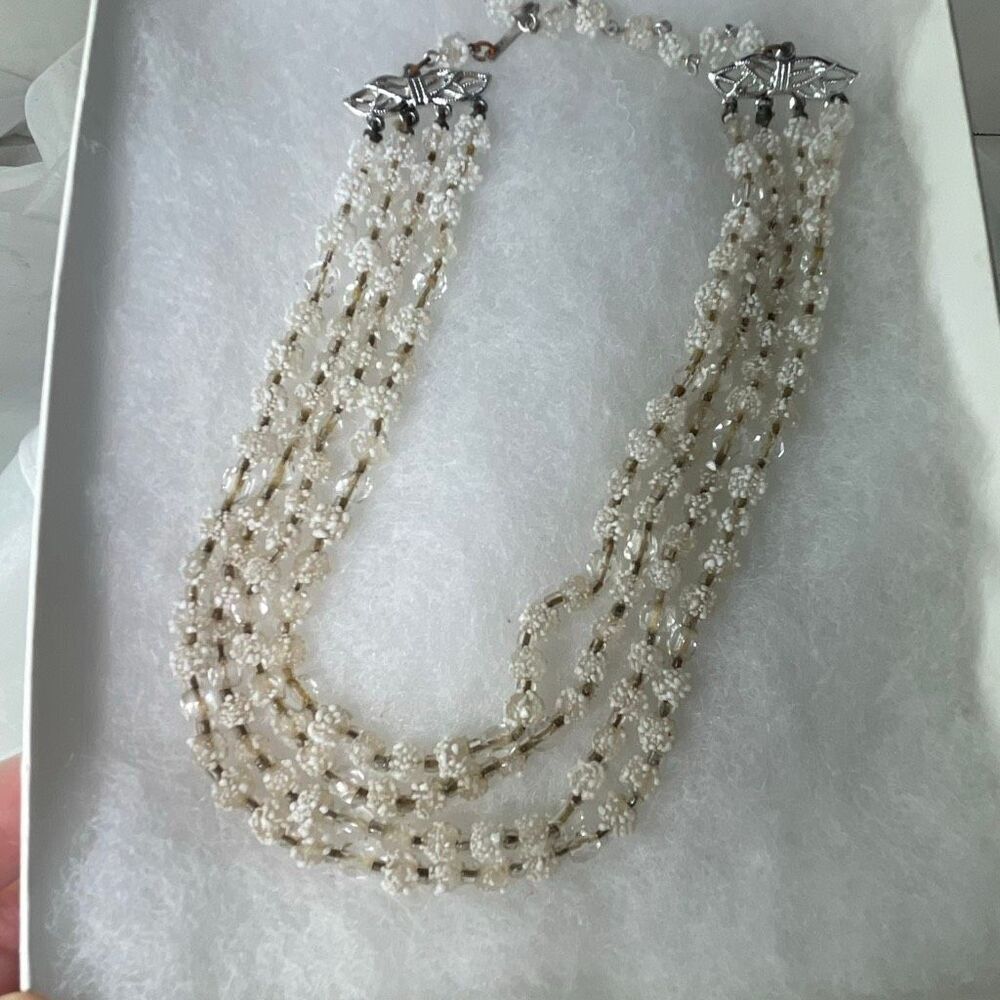 Midcentury vintage 4 strand necklace unique bumpy beads AB beads